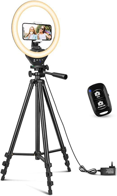 Sensyne 10'' Ring Light with 50'' Extendable Tripod Stand, LED Circle Lights with Phone Holder for Live Stream/Makeup/YouTube Video/TikTok, Compatible with All Phones